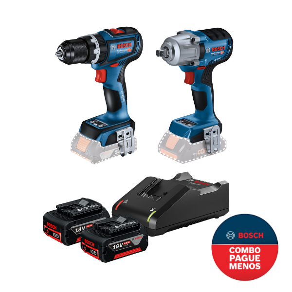 Kit Chave de Impacto 1/2 18v Gds 18v-450 + Parafusadeira Furadeira de Impacto Gsb 18v-90 + 2 Baterias GBA 18v 4Ah e Carregador Bivolt GAL 18v-40