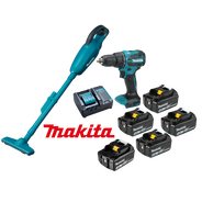 Kit Parafusadeira de Impacto DHP490WF1B 18v e Aspirador de Pó DCL180Z + 5 Baterias (1/3.0ah + 4/5.0ah) e carregador Makita