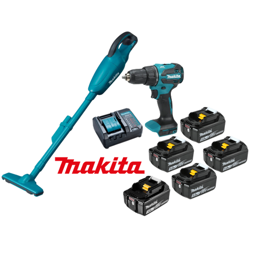 Kit Parafusadeira de Impacto DHP490WF1B 18v e Aspirador de Pó DCL180Z + 5 Baterias (1/3.0ah + 4/5.0ah) e carregador Makita
