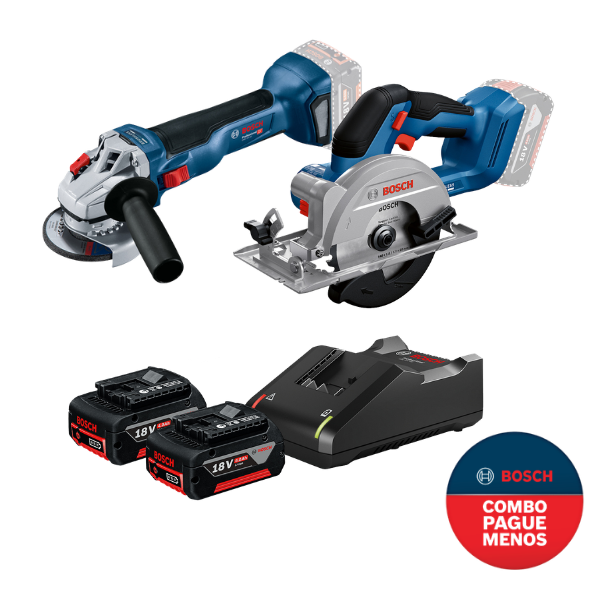 Kit Serra A Bateria Circular 18v Gks 18v-51 Bosch + Esmerilhadeira Angular Gws 18v-10 Brushless + 2 Baterias 18v 4.0 Ah + Carregador Gal18v-40 Bosch