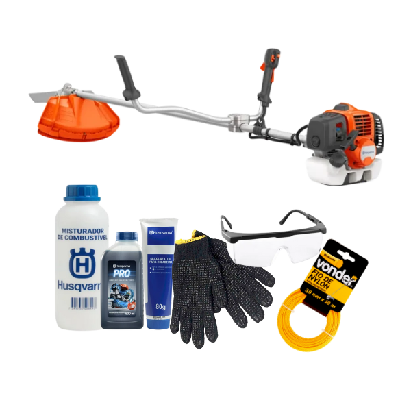 Roçadeira Husqvarna 331R 32.6cc + kit manutenção e segurança - óleo, misturador, graxa, luva, óculos e nylon.