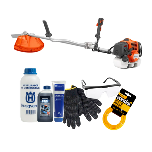 Roçadeira Husqvarna 331R 32.6cc + kit manutenção e segurança - óleo, misturador, graxa, luva, óculos e nylon.