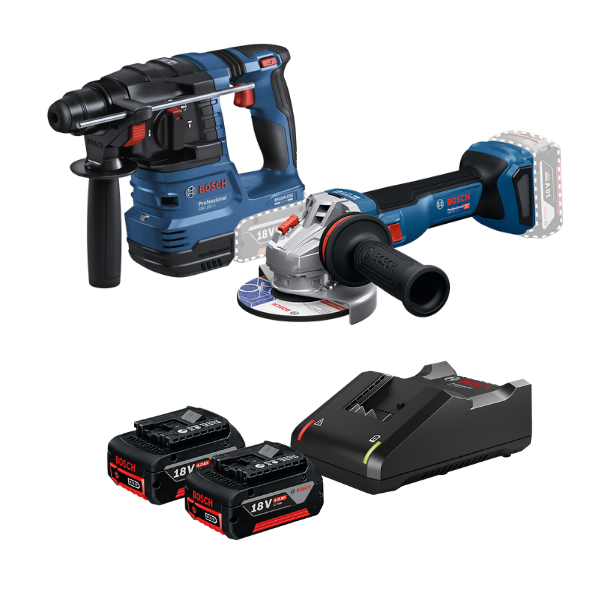 Kit Martelete Perfurador 18v 1.9J GBH 185-Li Bosch + Esmerilhadeira 5 18v Gws 18v-11S + 2 Baterias 18v 4.0 Ah + Carregador Gal18v-40 Bosch