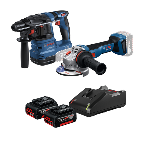 Kit Martelete Perfurador 18v 1.9J GBH 185-Li Bosch + Esmerilhadeira 5 18v Gws 18v-11S + 2 Baterias 18v 4.0 Ah + Carregador Gal18v-40 Bosch
