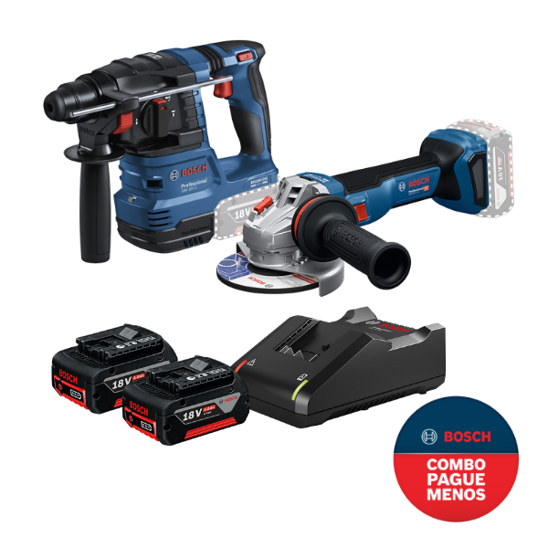 Kit Martelete Perfurador 18v 1.9J GBH 185-Li Bosch + Esmerilhadeira 5 18v Gws 18v-11S + 2 Baterias 18v 4.0 Ah + Carregador Gal18v-40 Bosch