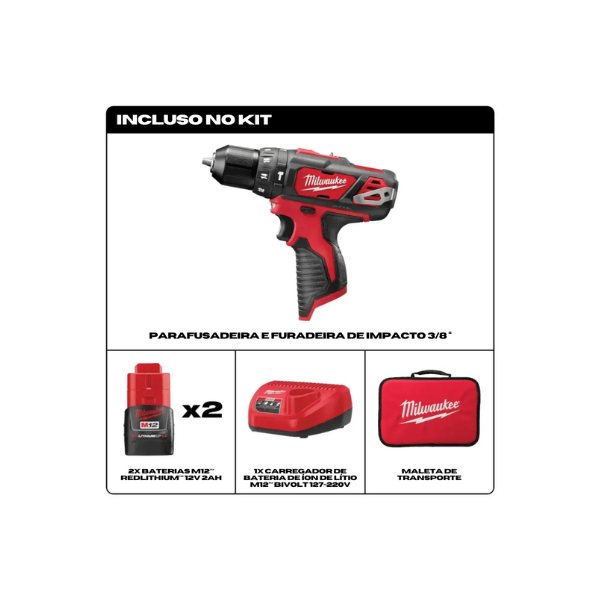 Parafusadeira De Impacto 3/8 12v 2 Bat 2.0Ah Com Maleta 2408-259 Milwaukee