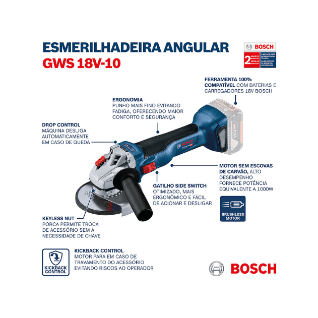 esmerilhadeira angular gws 18v 10 brushless sem bateria bosch diferenciais