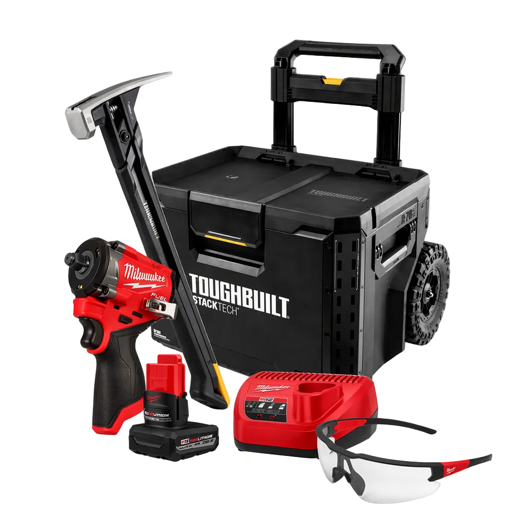 Kit Premium - Caixa Organizadora com rodas, chave de impacto Milwaukee, Martelo Inha Toughbuilt e Óculos Antiembaçante
