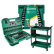 Kit Oficina - Jogo de Chave Combinada Catraca, Jogo Soquete Sextavado e Carro de Ferramentas Sata