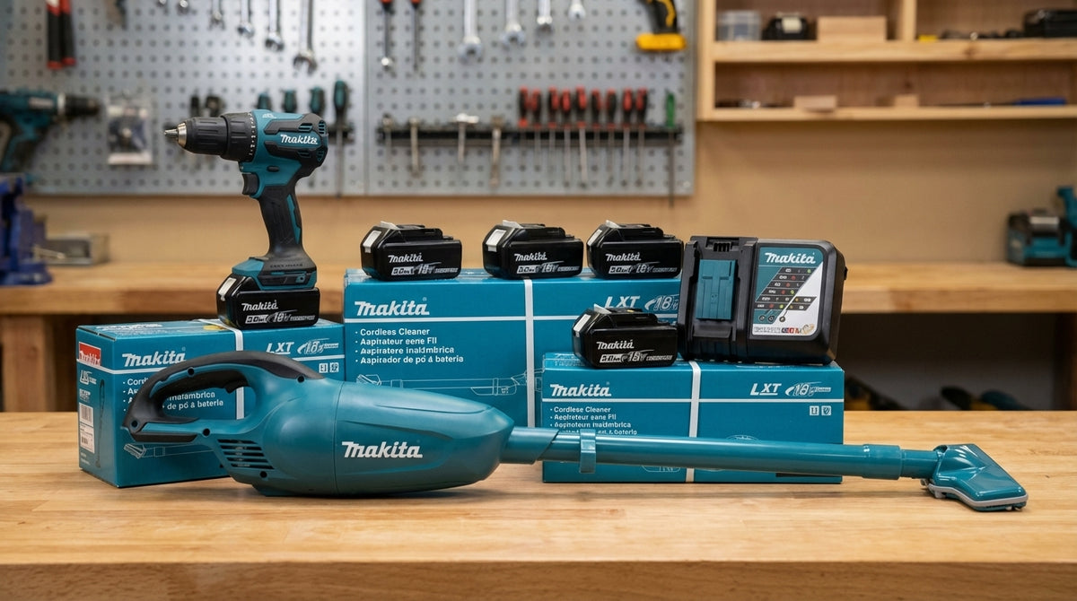 Kit Parafusadeira de Impacto DHP490WF1B 18v e Aspirador de Pó DCL180Z + 5 Baterias (1/3.0ah + 4/5.0ah) e carregador Makita