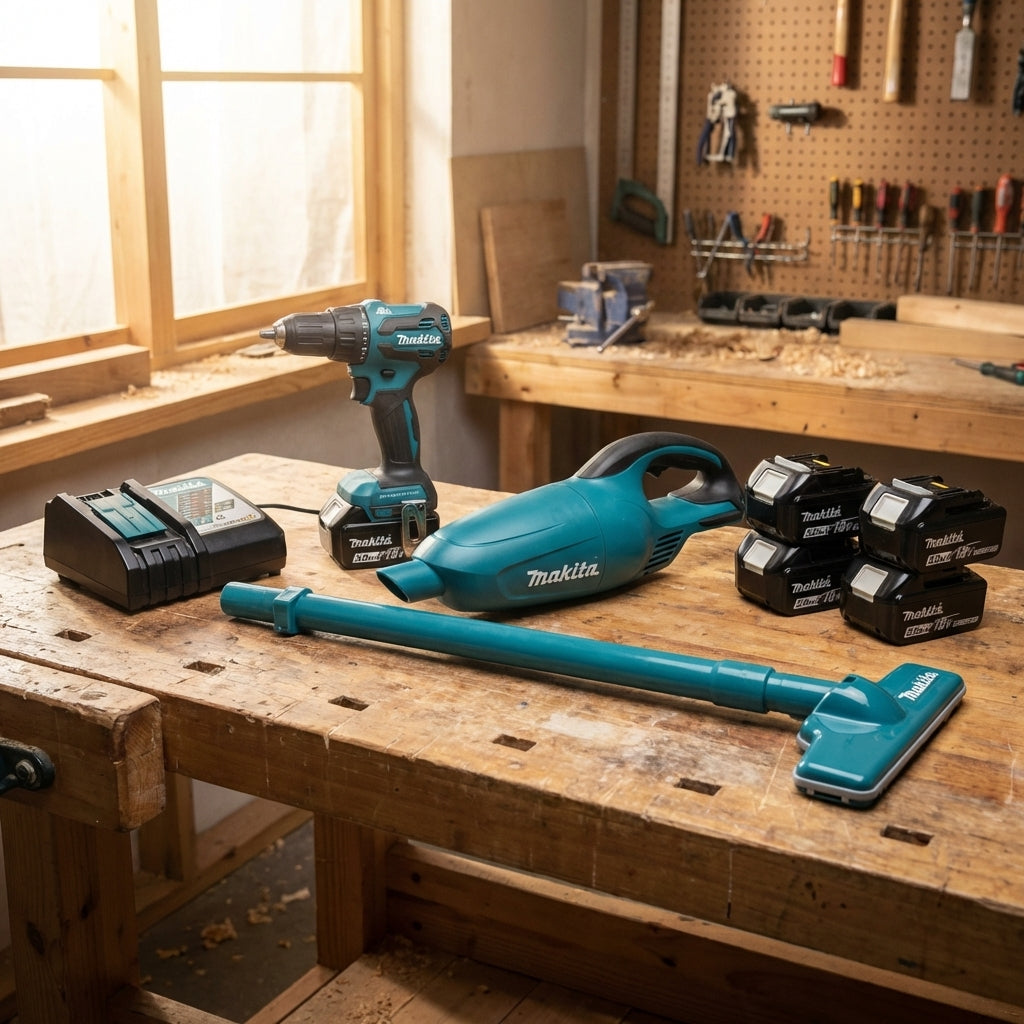 Kit Parafusadeira de Impacto DHP490WF1B 18v e Aspirador de Pó DCL180Z + 5 Baterias (1/3.0ah + 4/5.0ah) e carregador Makita