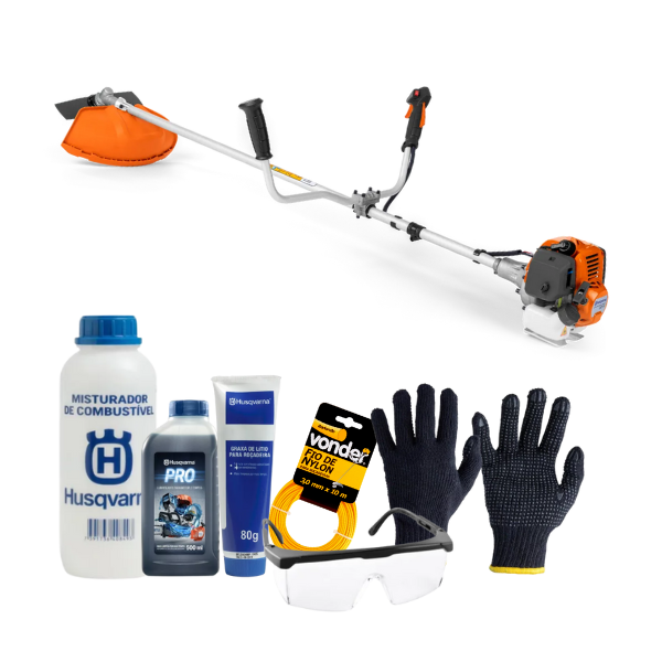 Roçadeira Husqvarna 321r 25,4cc + kit de manutenção e segurança - óleo, misturador, graxa, luva, óculos e nylon.