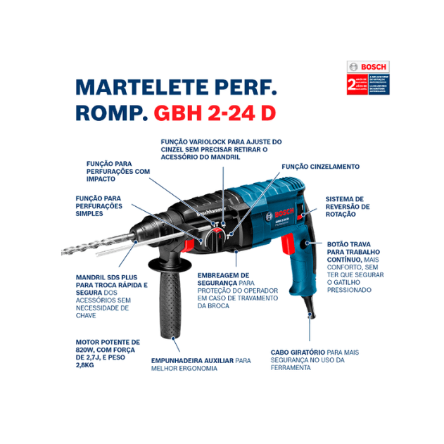 martelete perfurador 820w gbh 2 24d sem maleta bosch diferenciais