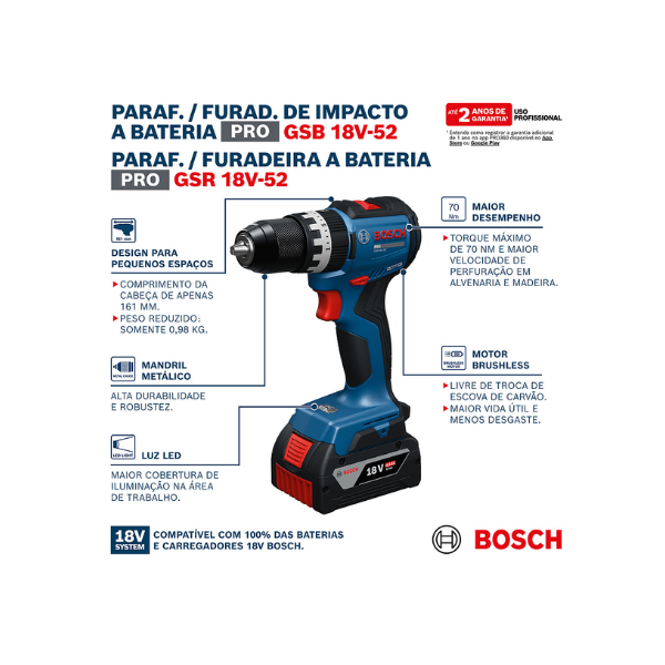 parafusadeira a bateria 18v 2ah brushless gsb 18v 52 bosch
