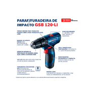parafusadeira de impacto 12v 2,0ah gsb120li bosch