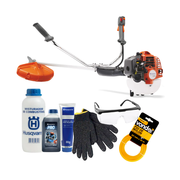 Roçadeira Husqvarna 226R 25.4cc + kit de manutenção e segurança - óleo, misturador, graxa, luva, óculos e nylon.