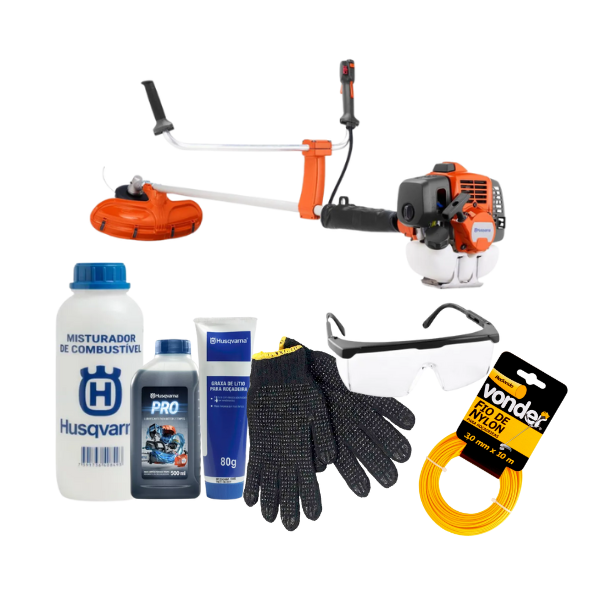 Roçadeira Husqvarna 143rst 41,5cc + kit de manutenção e segurança - óleo, misturador, graxa, luva, óculos e nylon.