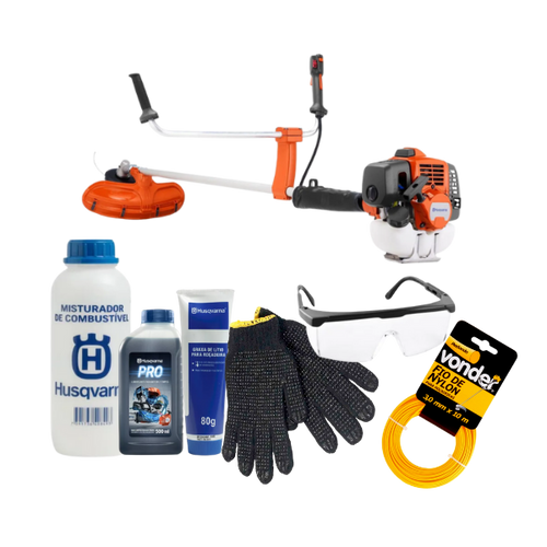 Roçadeira Husqvarna 143rst 41,5cc + kit de manutenção e segurança - óleo, misturador, graxa, luva, óculos e nylon.