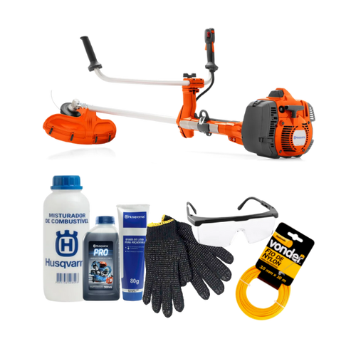 Roçadeira Husqvarna 545RX 45.7cc + kit manutenção e segurança - óleo, misturador, graxa, luva, óculos e nylon.