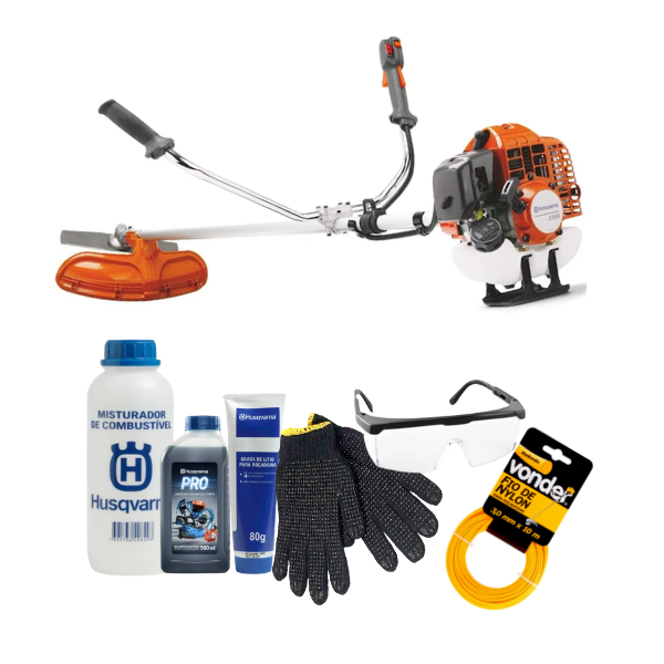 Roçadeira Husqvarna 236R 33.6cc + kit manutenção e segurança - óleo, misturador, graxa, luva, óculos e nylon.