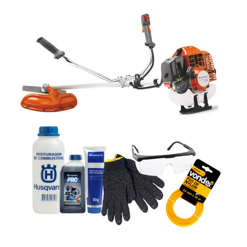 Roçadeira Husqvarna 236R 33.6cc + kit manutenção e segurança - óleo, misturador, graxa, luva, óculos e nylon.