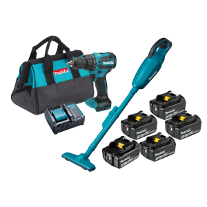 Kit Parafusadeira de Impacto DHP490WF1B 18v e Aspirador de Pó DCL180Z + 5 Baterias e carregador Makita