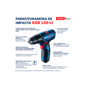 parafusadeira de impacto 12v 2,0ah gsb120li bosch