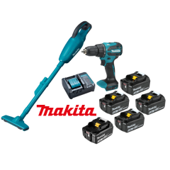 Kit Parafusadeira de Impacto DHP490WF1B 18v e Aspirador de Pó DCL180Z + 5 Baterias (1/3.0ah + 4/5.0ah) e carregador Makita